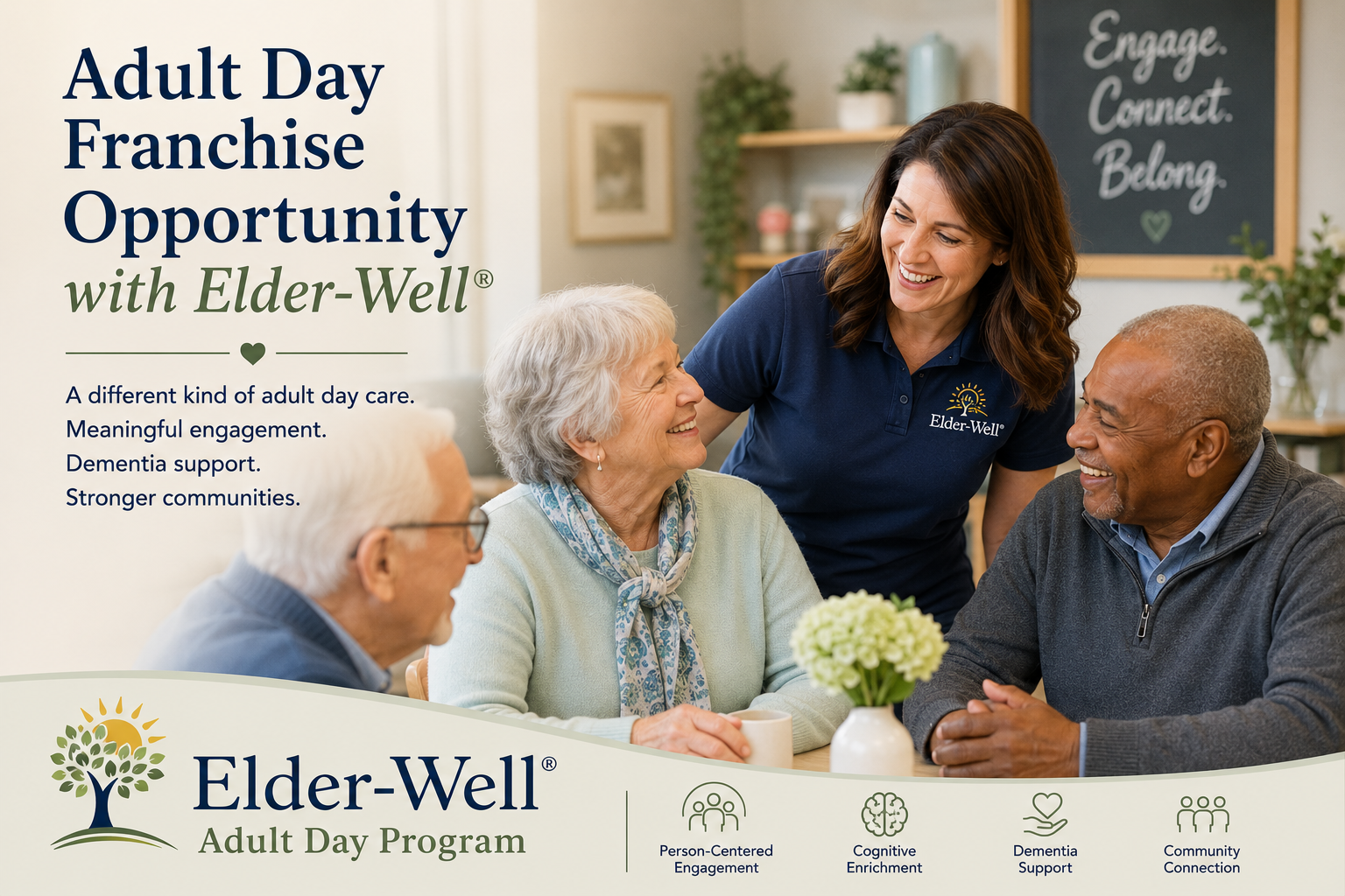 Caregiver engaging with smiling older adults in an Elder-Well® Adult Day Program setting promoting the adult day franchise opportunity.