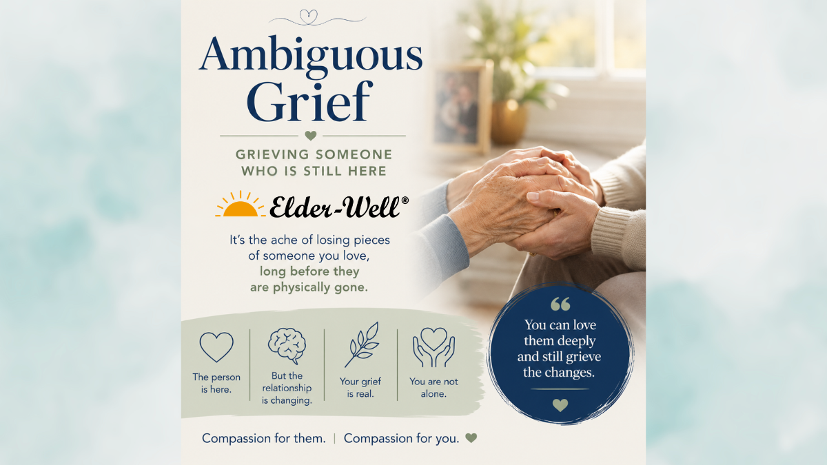 Caregiver holding hands with older adult representing ambiguous grief and emotional support